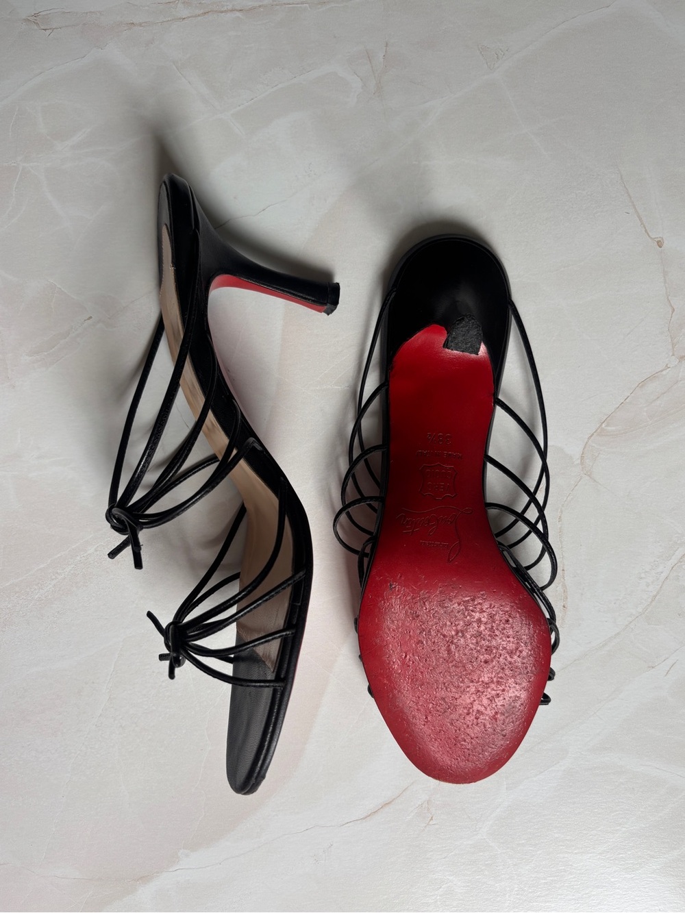 Christian Louboutin Black Strappy Open-Toe Heels with Signature Red Soles - Picture 9 of 10